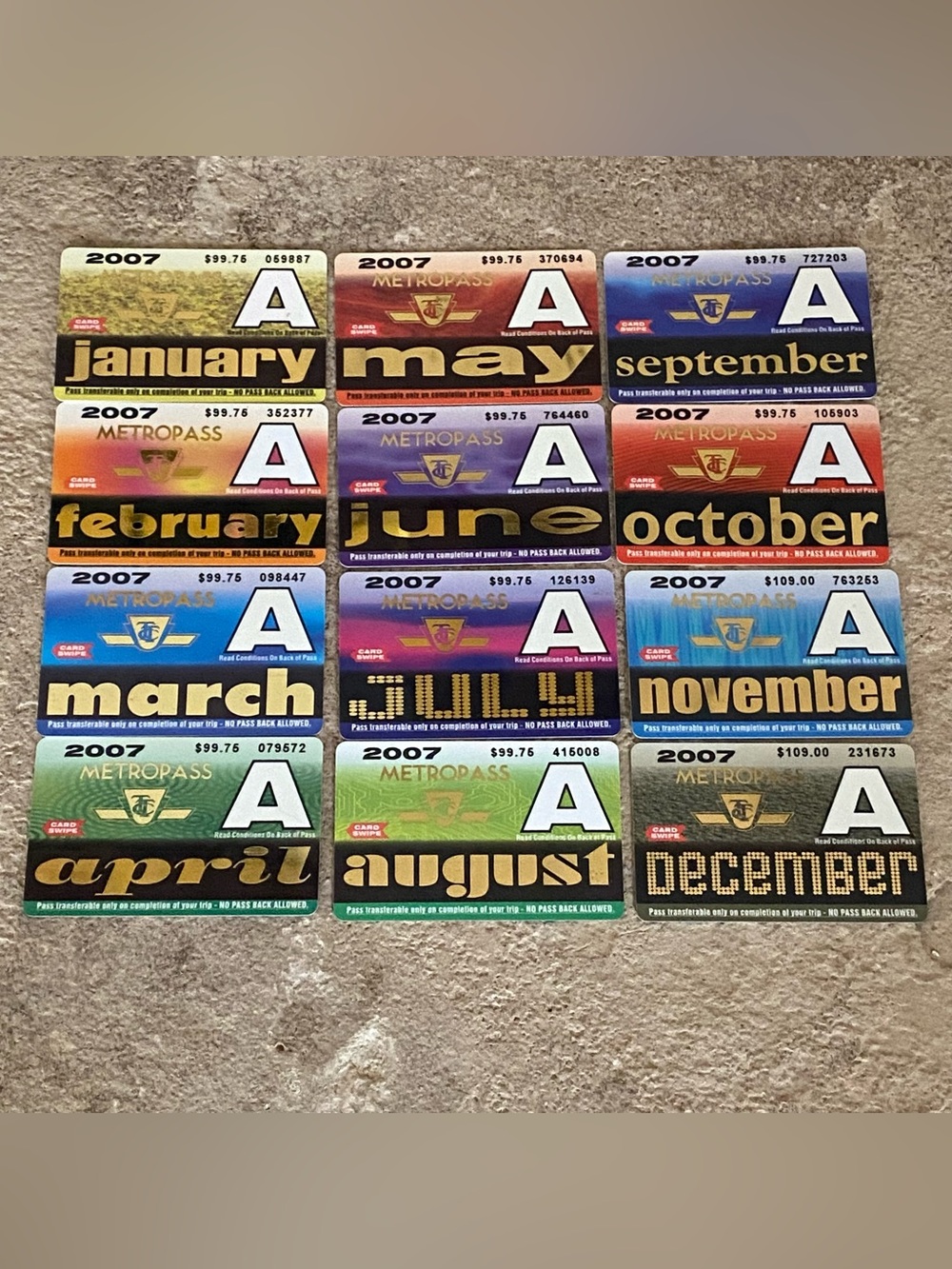 Vintage 2007 MetroPass Monthly Pass Set